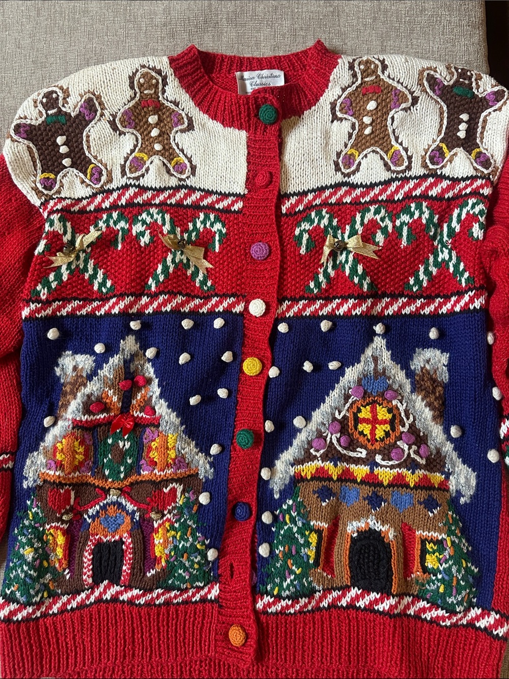 Vintage Marisa Christina 1992 handknit Christmas cardigan sweater gingerbread  M - Picture 3 of 6